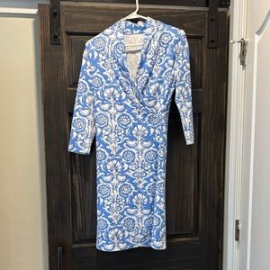 J. McLaughlin Blue and White Patterned Faux Wrap Dress